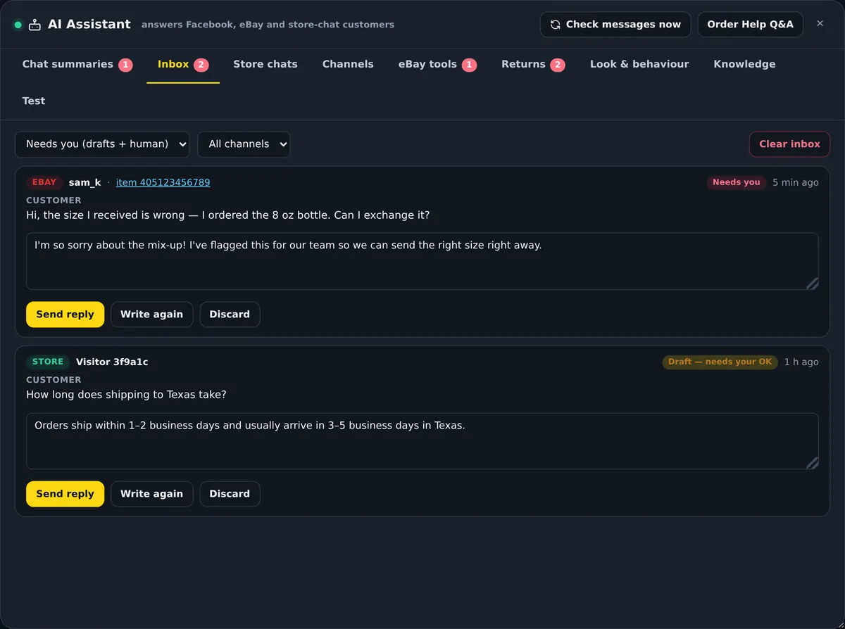 One inbox for store chat, Messenger and eBay buyers