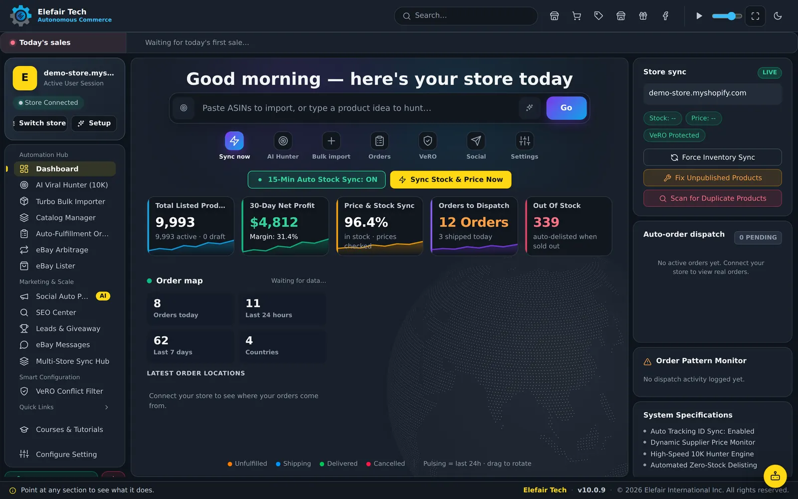 Store dashboard with sales, sync status and orders