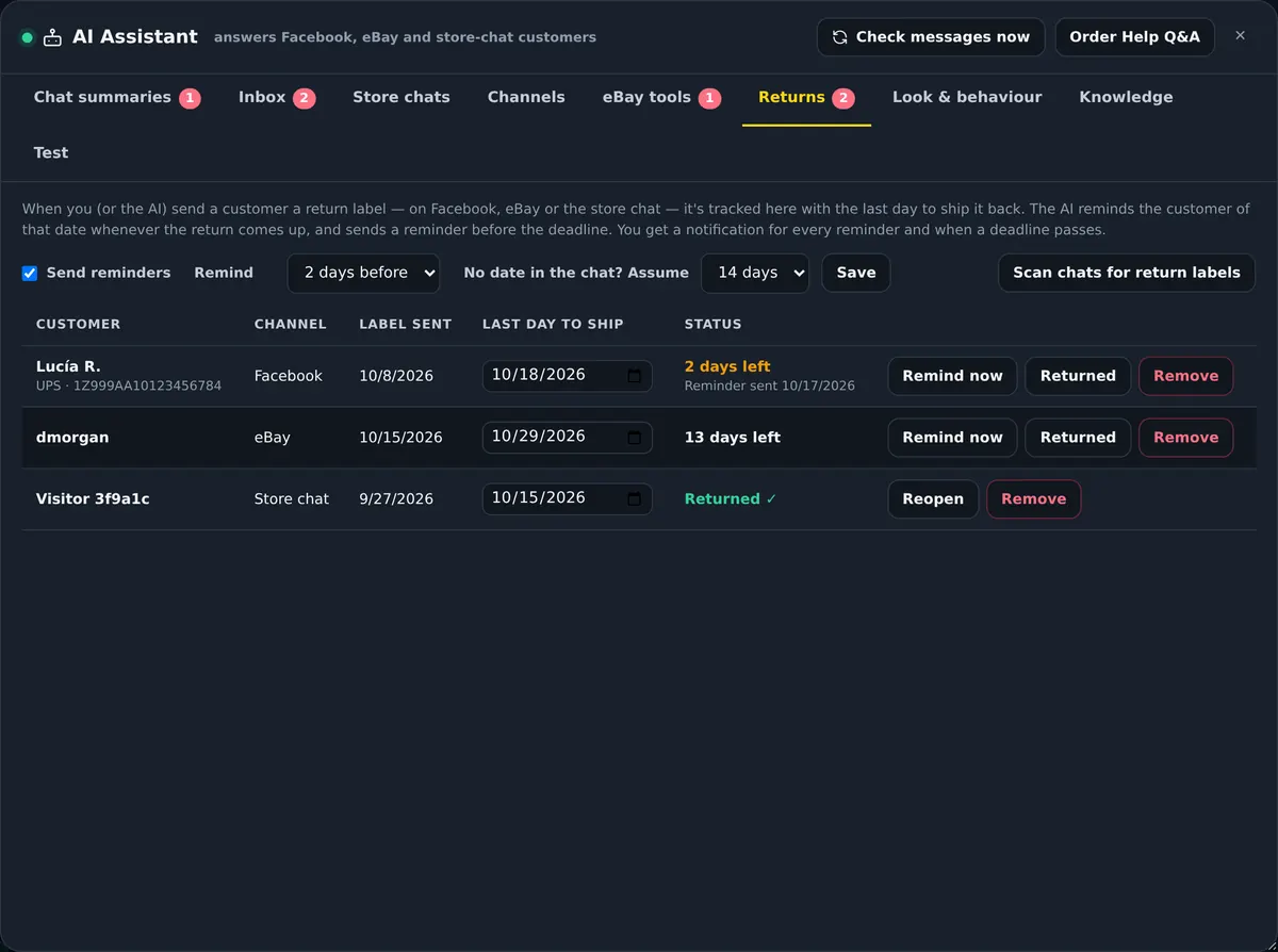 Returns tracker with deadlines and reminders