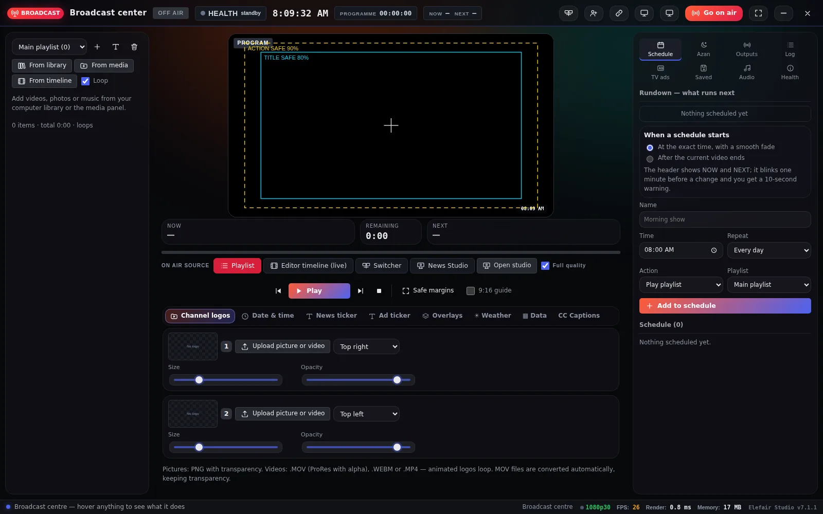Broadcast center with program monitor, playlist, schedule and channel logos