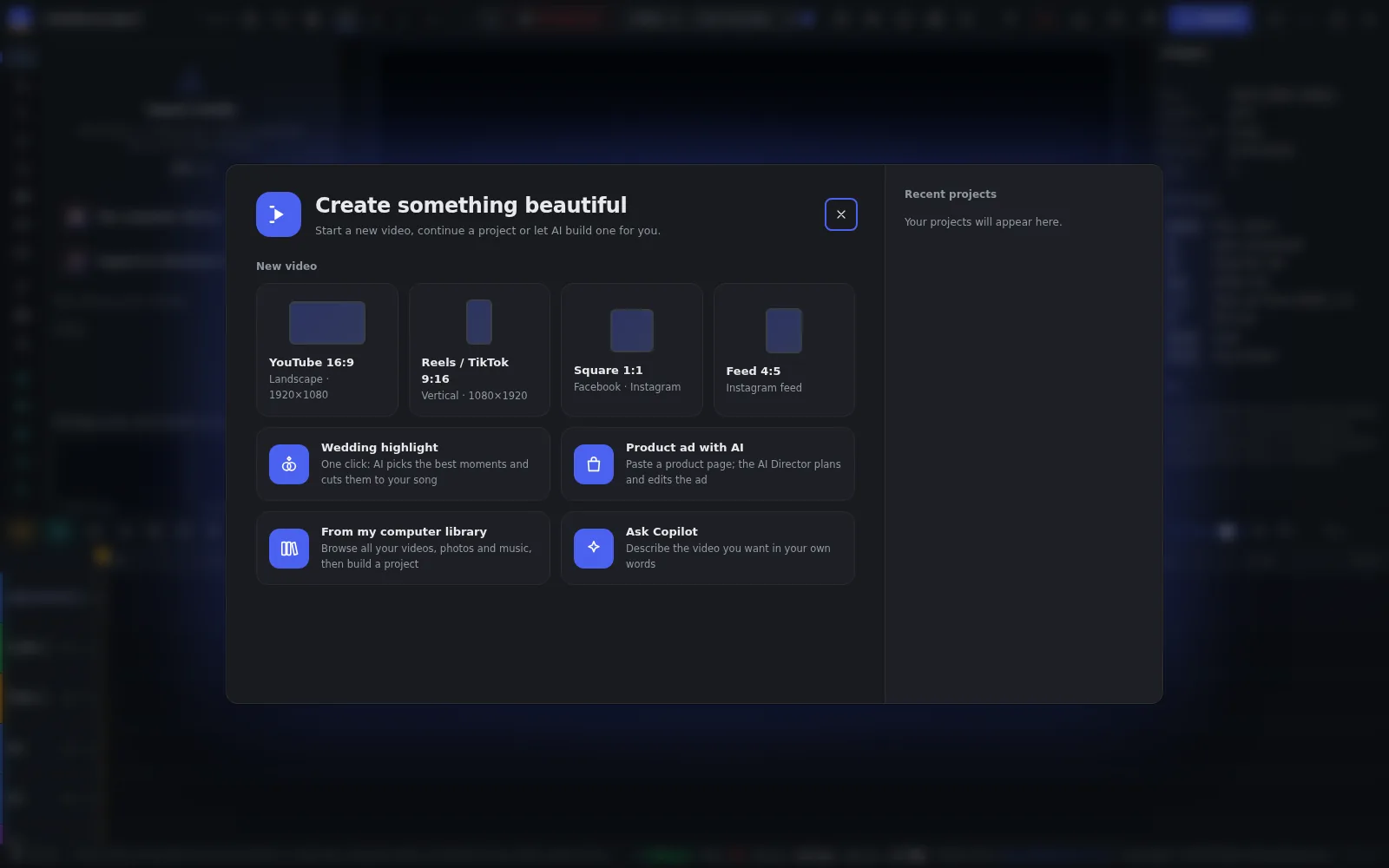 Start screen: video sizes, Wedding highlight, Product ad with AI and Ask Copilot